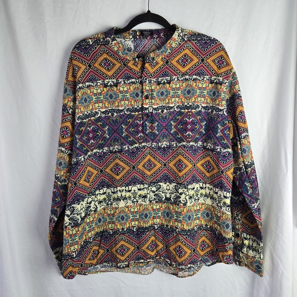 Coofandy Tunic Shirt XL Womens Boho  Batik Roll Tab‎ Sleeve Cotton Hemp Dopamine